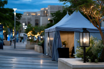 This captivating photo features an evening stroll through a beautifully lit outdoor market, with decorative lights adding warmth and charm to the atmosphere.