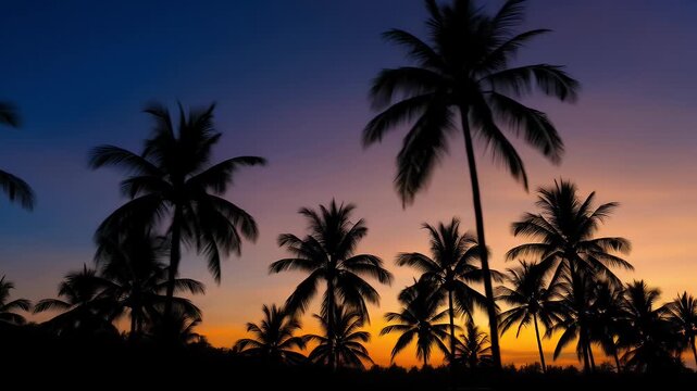 Dynamic Tracking Shot Past Silhouetted Palm Trees at a Vibrant Tropical Sunset