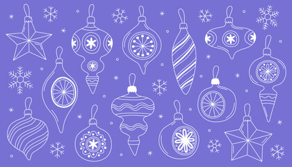 Сollection of different vintage Christmas toys, balls. White New Year icons, doodle outline illustrations on blue background.