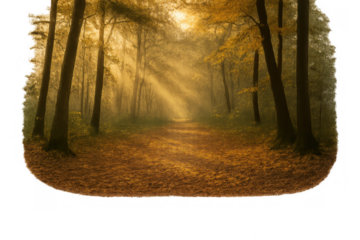Autumn forest path with sunbeams shining through trees, creating a mystical light, natural beauty and tranquil scene