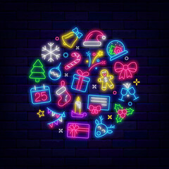 Winter neon circle poster. Christmas party. Layout with season icons. Santa Claus, calendar and deer. Vector stock illustration