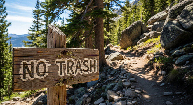 Wooden sign with "No Trash" message on mountain hiking trail, environmental awareness and outdoor conservation - Powered by Adobe