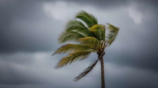 Dynamic Tropical Palm Tree Fronds Blurring in Strong Wind Under a Dramatic Stormy Sky
