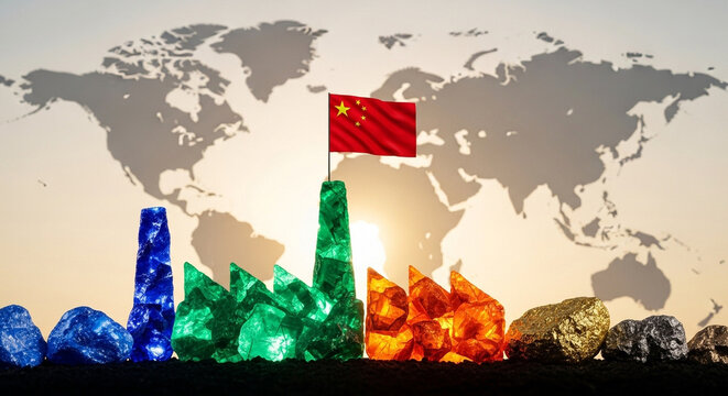 Factory silhouette with Chinese flag over colorful mineral rocks, industrial control and raw materials in global trade concept