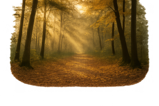 Autumn forest path with sunbeams shining through trees, creating a mystical light, natural beauty and tranquil scene - Powered by Adobe