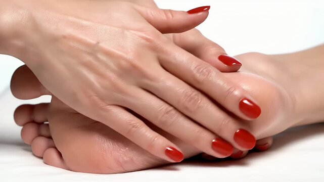 Woman's Hand Massaging Oiled Foot with Red Nail Polish Against a White Background
