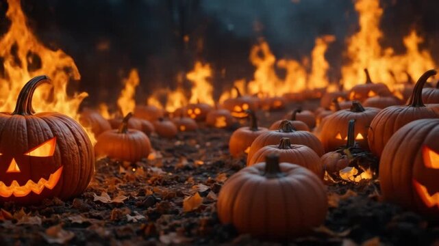 Circle of Halloween pumpkins engulfed in flames. 4k videos