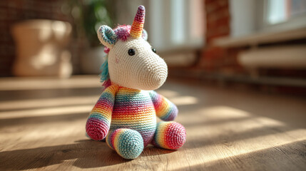 A vibrant knitted unicorn toy sits on a wooden floor, basking in sunlight. The toy is designed with rainbow colors