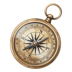 Antique brass compass with needle pointing north design on transparent background