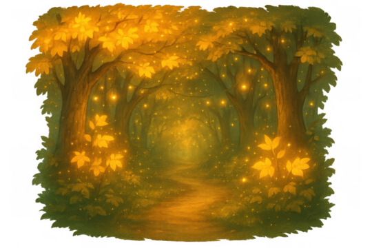 Enchanted forest path with glowing golden leaves and magical fireflies, creating a mystical fantasy landscape