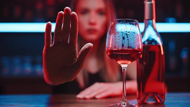 Woman's Hand Stopping Alcohol Beverage Showing Prohibition Gesture At Bar