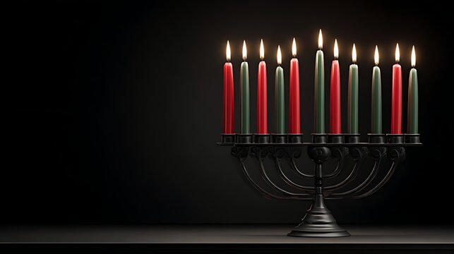 A brightly lit kinara with seven candles representing kwanzaa principles