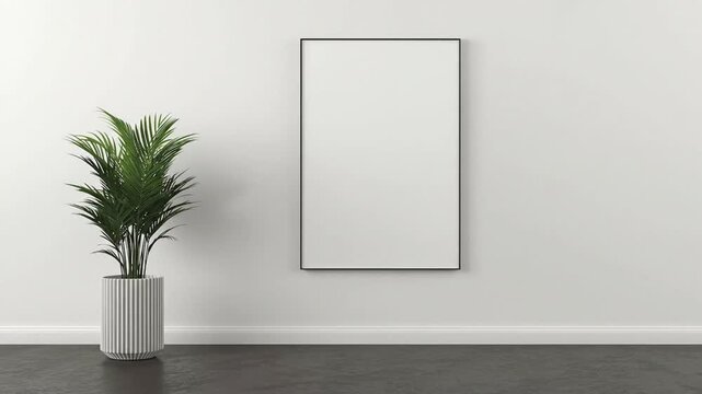 A pristine and minimalist interior space showcasing a modern aesthetic, ideal for design mockups and versatile commercial applications. The scene features a clean white wall adorned with a sleek, blac