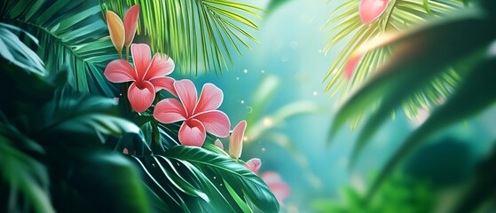 Vibrant flamingos amidst lush tropical foliage