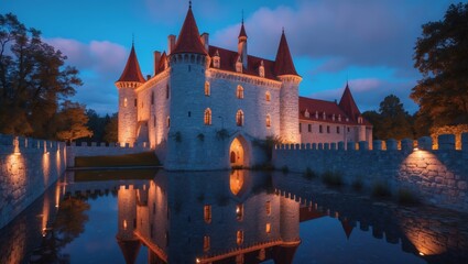 Obraz premium Illuminated Medieval Castle at Night with Reflections in Moat, Dramatic Architecture