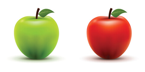 Realistic illustration of green and red apples with leaves on white background. Fresh, juicy fruits symbolizing health, nutrition, and natural food concept.