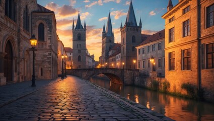 Fototapeta premium European City Street at Sunset: Historic Buildings, River, Bridge, Warm Light