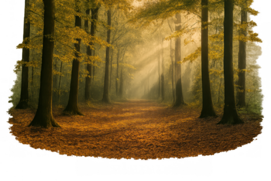 Forest path in autumn park with trees and falling leaves, morning light rays beaming through mist, transparent background