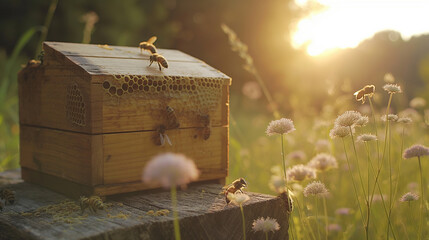Beekeeper in protective suit works with bees and hives in apiary. Honey and bee. Bees on honeycombs. Cell with honey and bees. Beekeeping. Apiary. Wooden hive and bees.