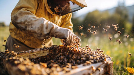 Beekeeper in protective suit works with bees and hives in apiary. Honey and bee. Bees on honeycombs. Cell with honey and bees. Beekeeping. Apiary. Wooden hive and bees.