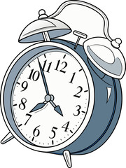 A classic, retro-style alarm clock is centered in the frame against a clean white background. The clock is predominantly blue with a shiny, metallic finish. Two silver bells arch over the top, connect