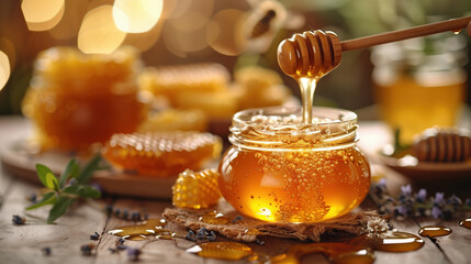 Honey. Jar with natural Honey. Natural organic honey in a glass jar. Beautiful advertising photo with space for text. Benefits of honey. Natural antioxidant. Prevention and treatment of colds. Natural