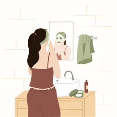 Woman applying face mask in the bathroom, skincare routine concept, beauty self care   flat illustration