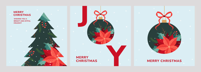 2026 Merry Christmas card set featuring a festive tree, poinsettias, holly, ribbons, and bows on a snowy blue background with “JOY” and “Merry Christmas” text—ideal for posters, covers, or invites.