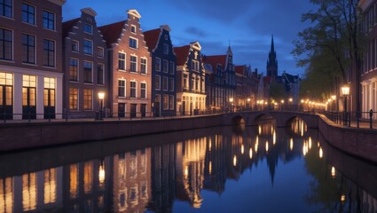 Fototapeta premium Amsterdam Canal Houses at Night with Reflections, Netherlands Cityscape, Dutch Architecture, Waterway