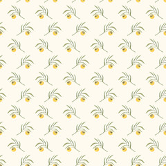 Seamless pattern of delicate yellow flowers and green leaves on a light background