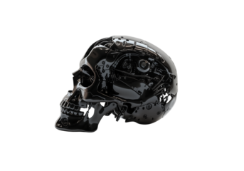 3d render of a black skull with robotic parts, side view, white