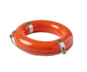 A bright orange life preserver ring with silver metal accents, isolated on a clean transparent background, symbolizing safety and rescue at sea