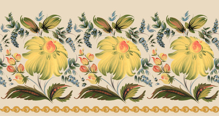 Vector seamless border pattern from yellow flowers and golden scrolls frieze on a beige background