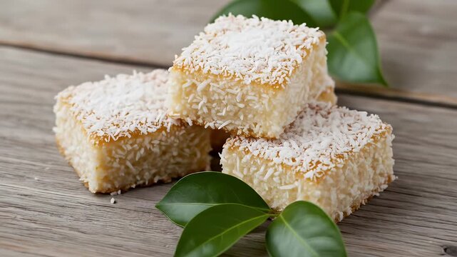 Golden Coconut Squares: A Tempting Close-Up Display of Tropical Sweetness on Rustic Wood
