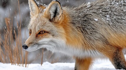 Obraz premium A solitary Red Fox with golden fur hunts for prey in a serene winter landscape covered in snow.