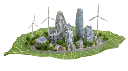 Miniature eco city with skyscrapers and wind turbines on leaf concept