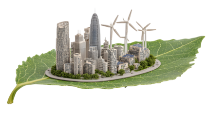 Miniature eco city with skyscrapers and wind turbines on leaf background for environmental concept design