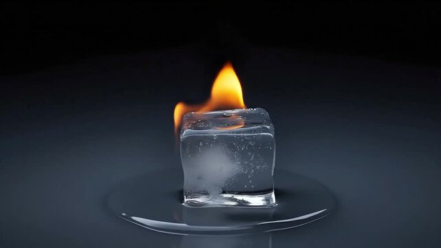 A striking visual paradox unfolds as a vibrant flame burns steadily atop a crystalline ice cube, creating a captivating display of contrasting elements. The clear ice slowly melts, forming a reflectiv