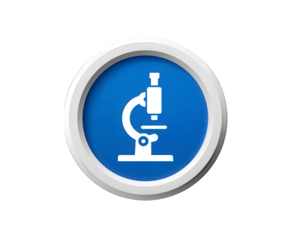 A white microscope icon on a blue circular background with a white border, isolated on a transparent background