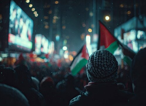 Vibrant crowd unites, Palestinian flags waving high in joyous celebration, a powerful display of solidarity and national pride, capturing moments of collective spirit and hope