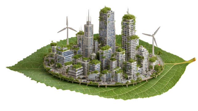 Futuristic eco city on leaf with skyscrapers and wind turbines - Powered by Adobe