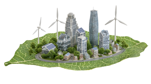 Miniature eco city with skyscrapers and wind turbines on leaf concept