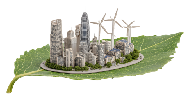 Miniature eco city with skyscrapers and wind turbines on leaf background for environmental concept design