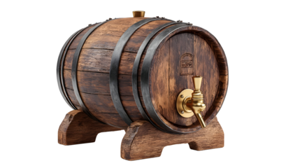 Rustic wooden barrel with metal bands and brass tap design for decor