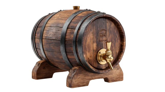 Rustic wooden barrel with metal bands and brass tap design for decor