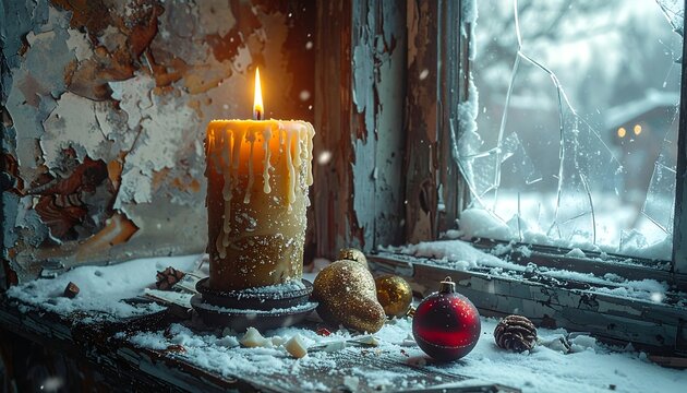 A warm glowing candle on a snowy, weathered windowsill with Christmas ornaments, creating a cozy and nostalgic winter holiday atmosphere
