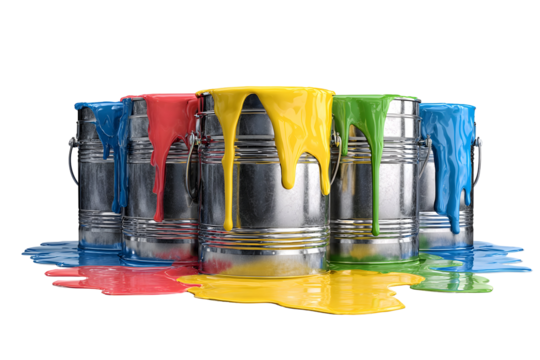 Set of chrome paint buckets with colorful paint dripping for creative design projects