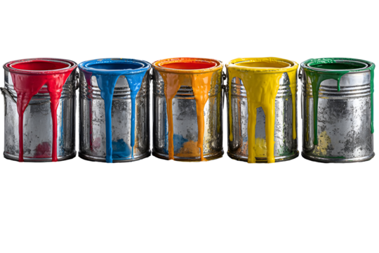 Vibrant collection of open chrome paint buckets with bold colors