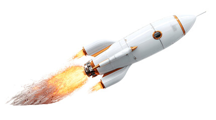 Sleek white rocket launching with fiery orange flames against black background