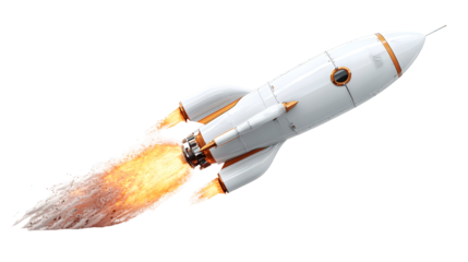 Sleek white rocket launching with fiery orange flames against black background